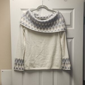 White House Black Market Off-the-Shoulder Sweater in White and Gray